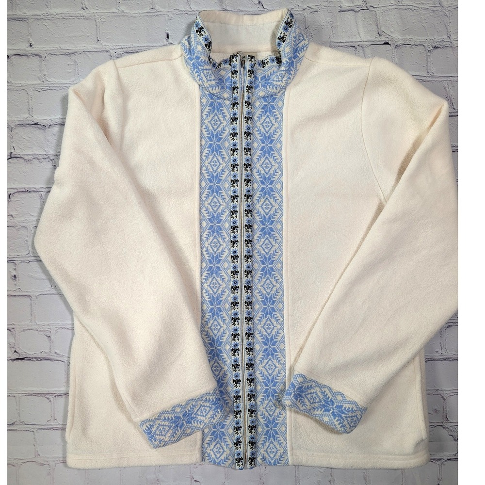 L.L. Bean Fleece Jacket Women Medium Polyester Cream Nordic Fair Isle Full Zip
